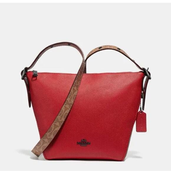 COACH | Signature Blocking Leather Shoulder Crossbody Tan and Red Apple Handbag - Picture 1 of 9